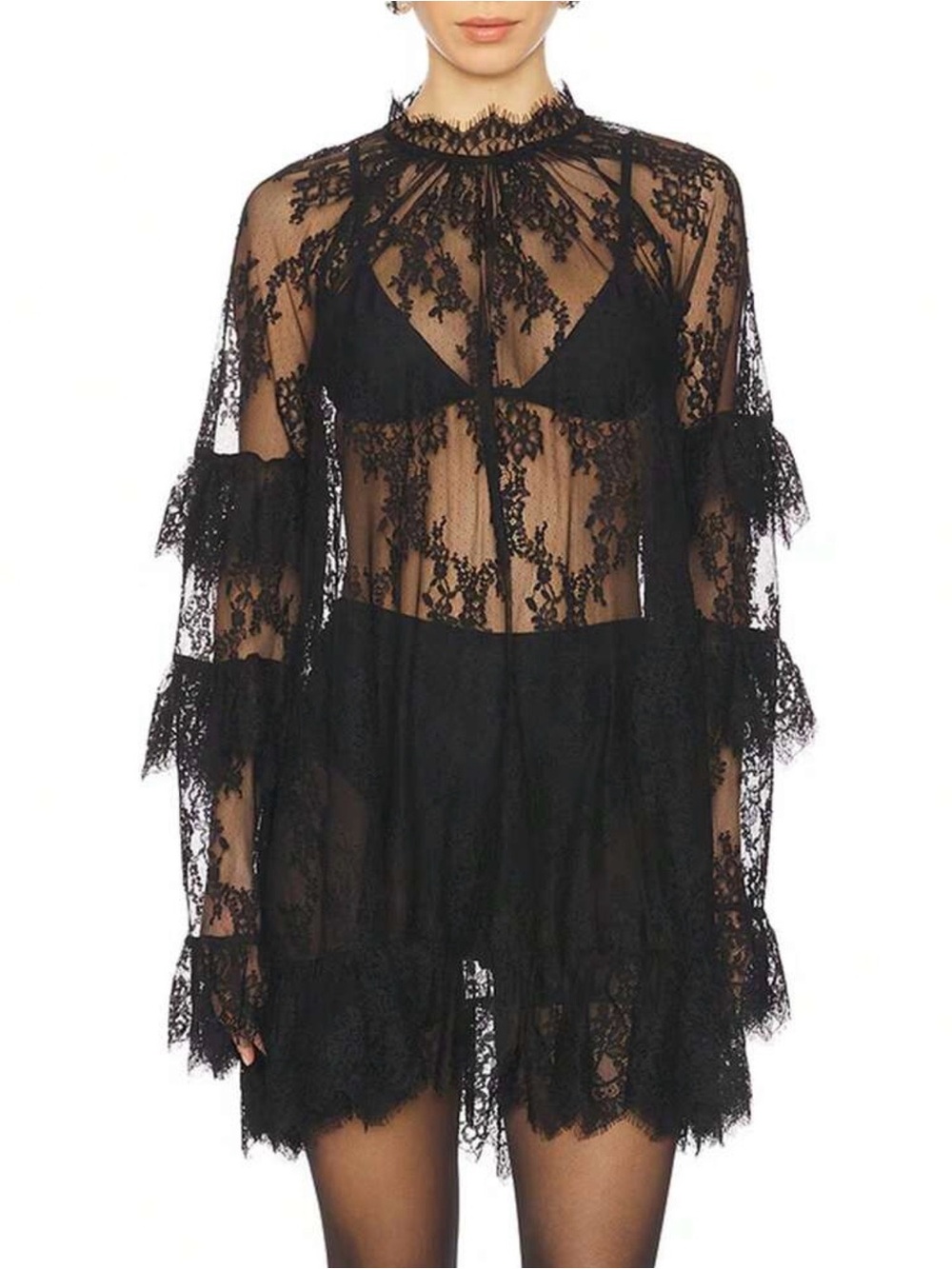 Shein Black Sheer Lace Ruffle Long-Sleeve Blouse